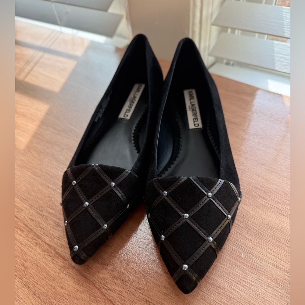Karl Lagerfeld Black Suede Nala Women's Flats, New, Size 6